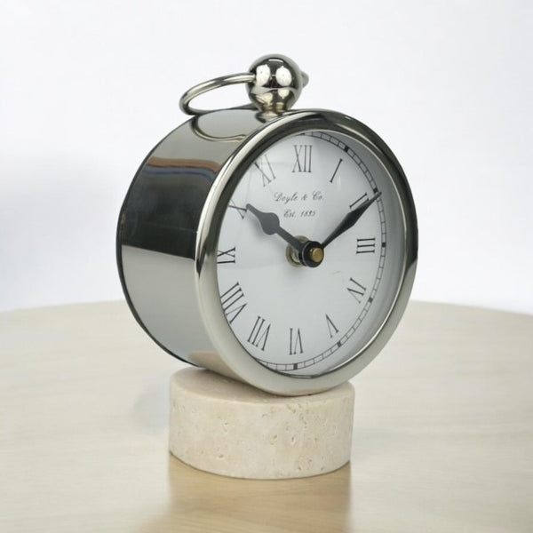 Round Nickel Clock with Travertine Base