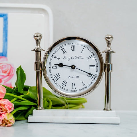 Round Column Clock with White Marble Base - Silver