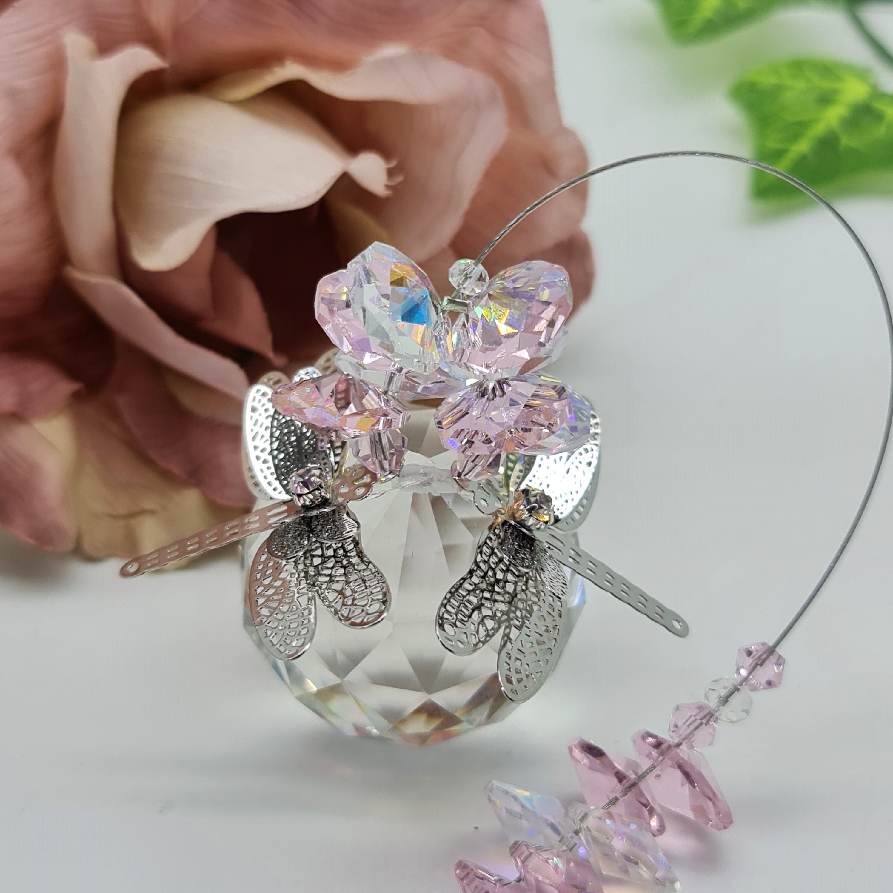 Pink Suncatcher, large size with silver filigree dragonflies