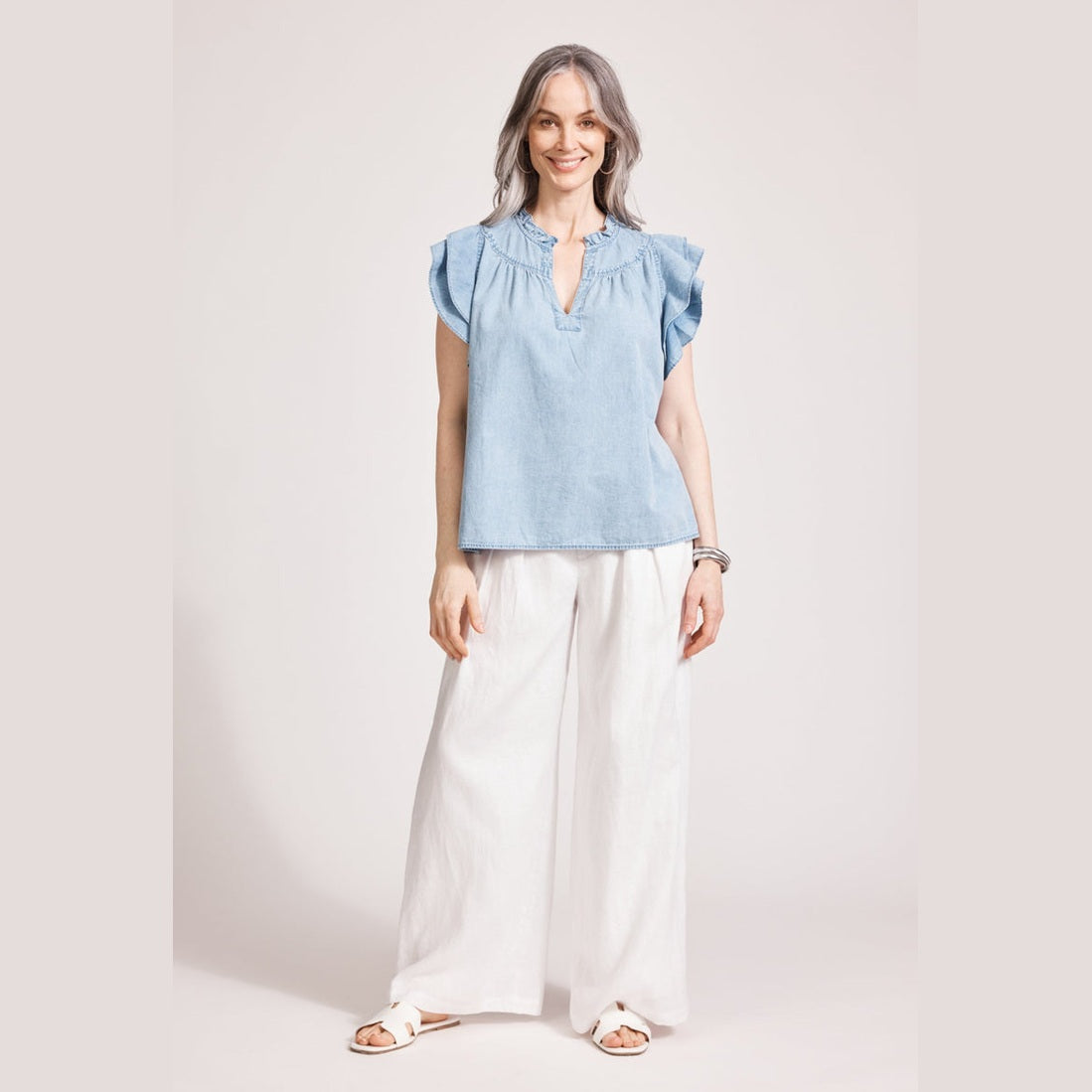 Melenia Denim Frill Top - Denim