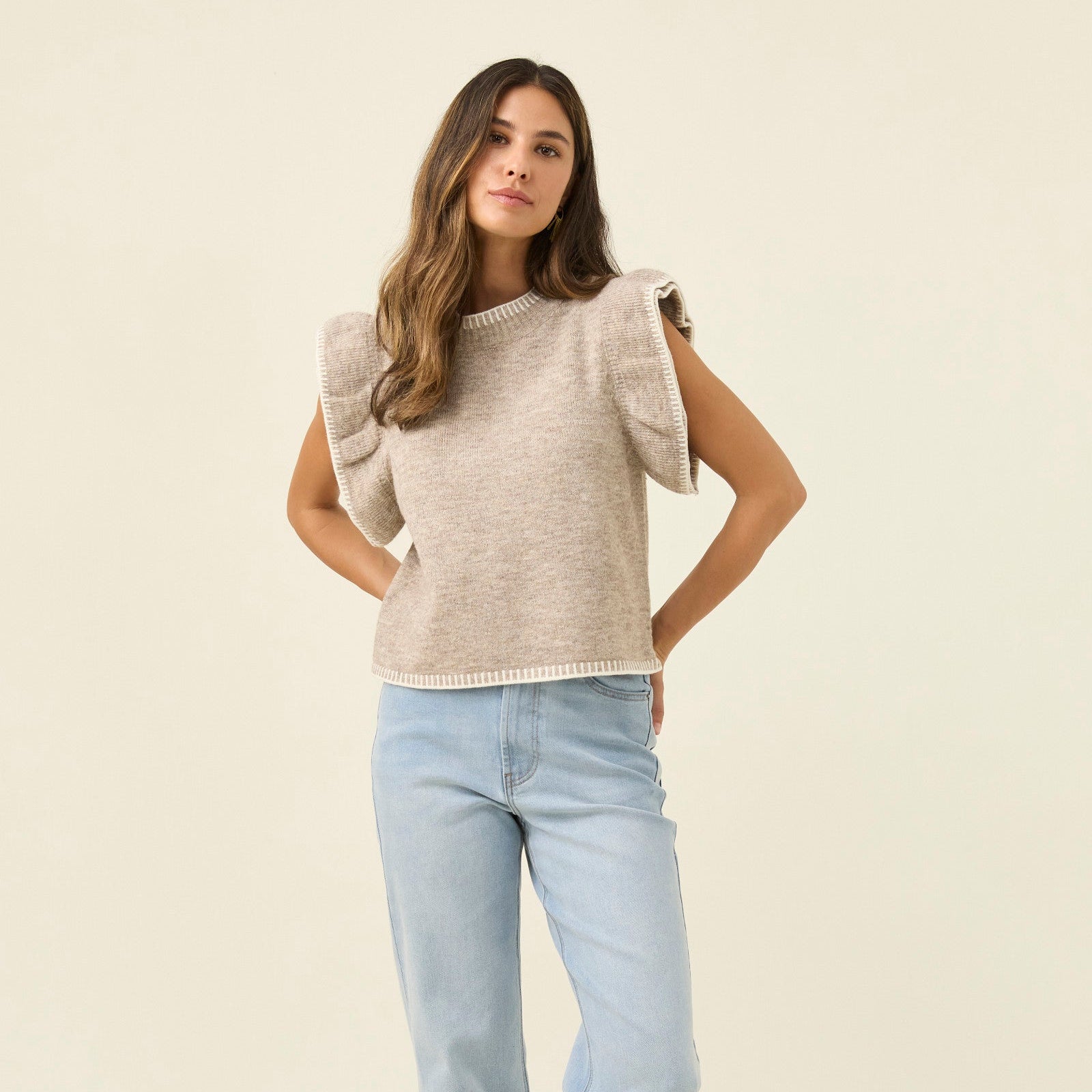 Athena Frill Knit Top - Stone