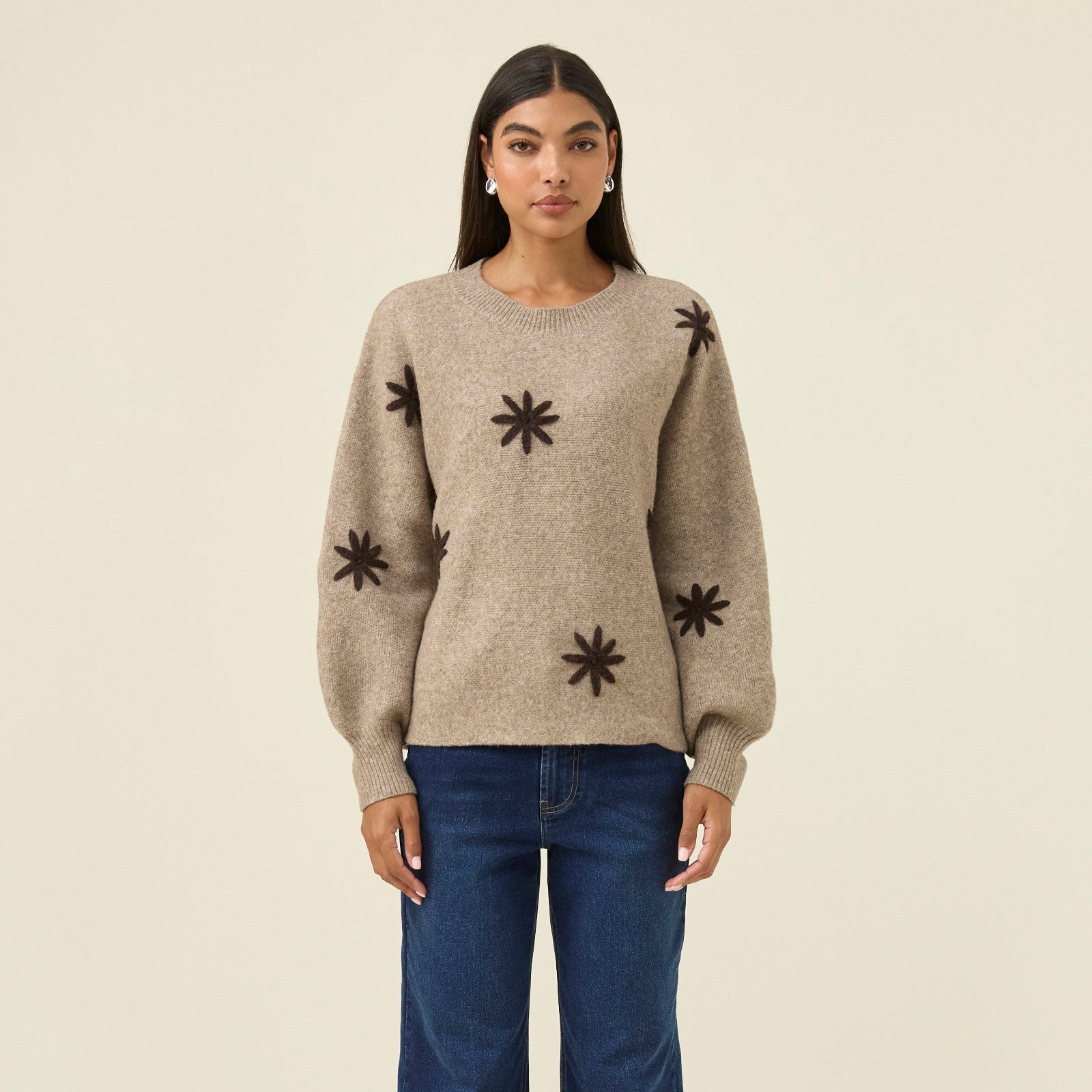Miru Stitch Flower Jumper - Stone