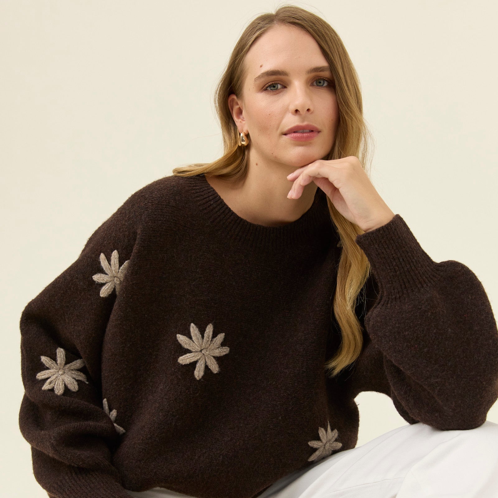 Miru Stitch Flower Jumper - Chocolate