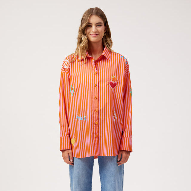 Mykonos Embroidered Stripe Shirt - Pink
