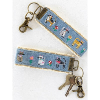 Key Fob Embroidered Denim Cat