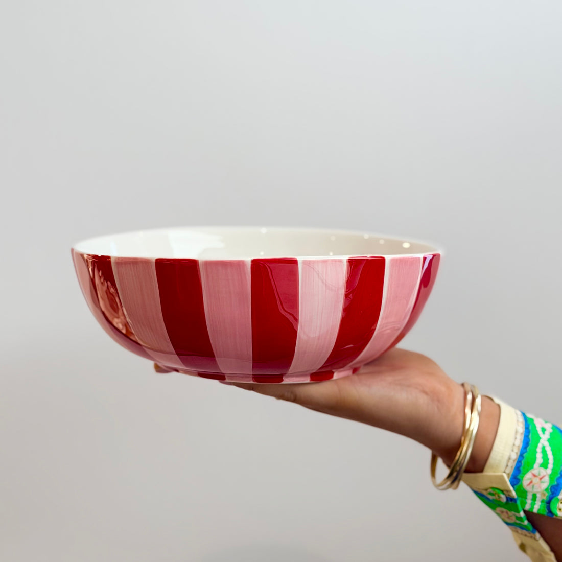 Ceramic Salad Bowl - Pink & Red Stripe
