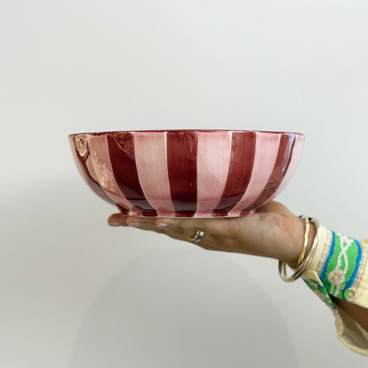 Ceramic Salad Bowl - Pink & Burgundy Stripe