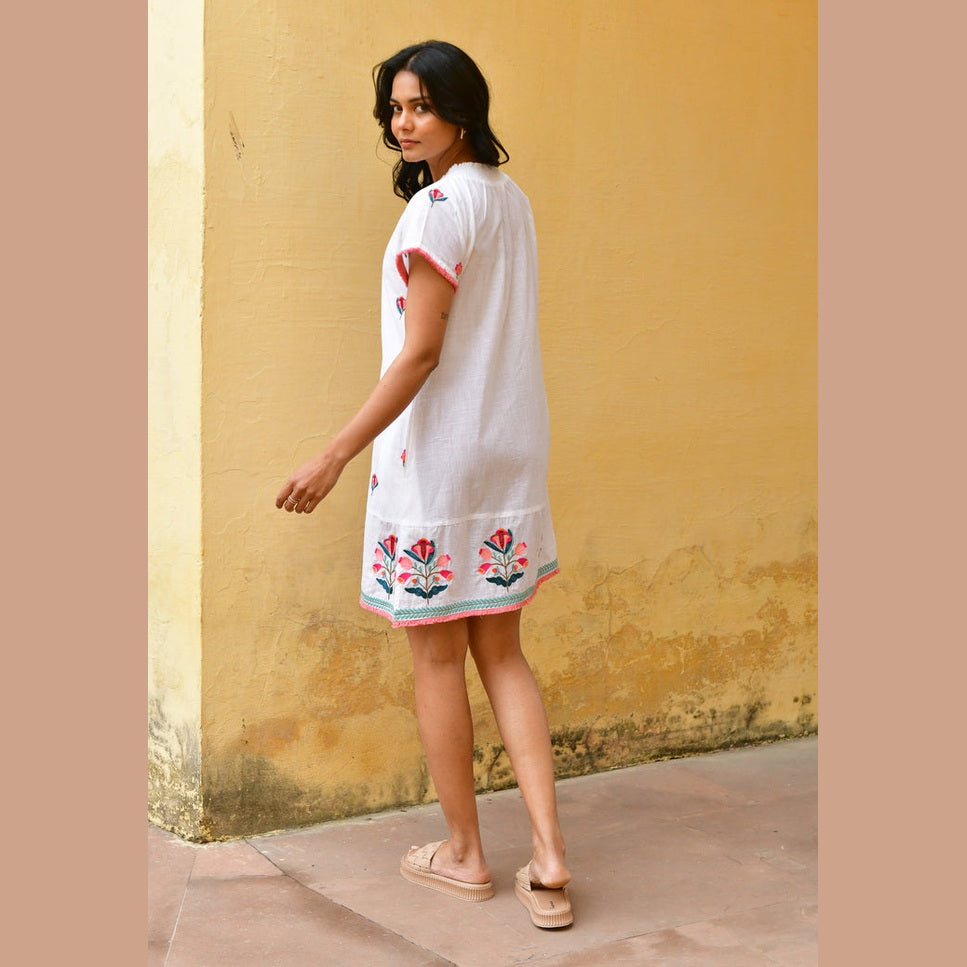 Hummingbird Embroidered Day Dress - Azure and Indigo