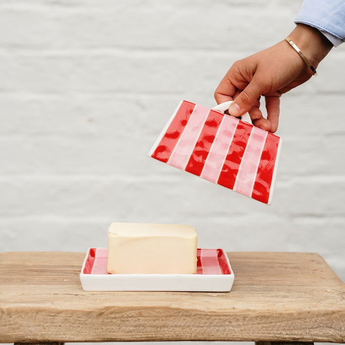 Large Butter Dish - Pink & Red Stripe