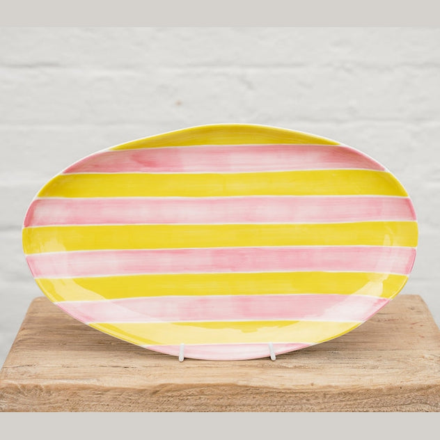 Small Oval Platter - Pink & Yellow Stripe