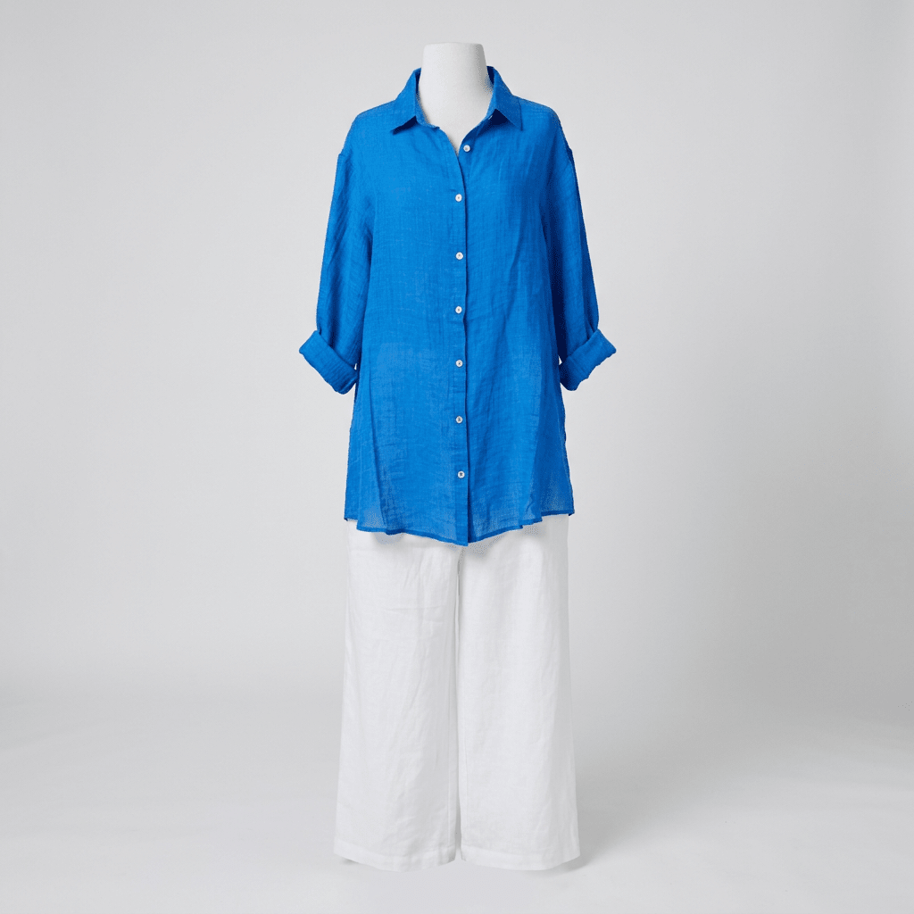Athena Sheer Linen Long Top - Cobalt Blue