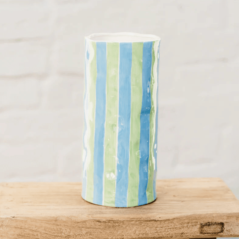 Large Cornflower Blue & Green Stripe Vase - Noss & Co