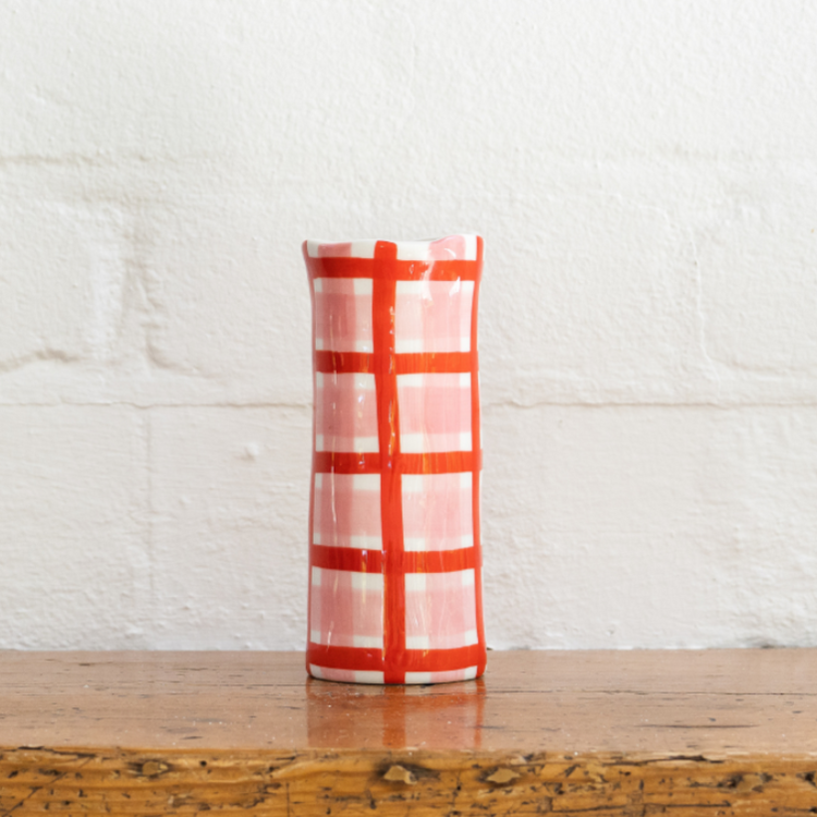 Small Pink & Red Gingham Vase