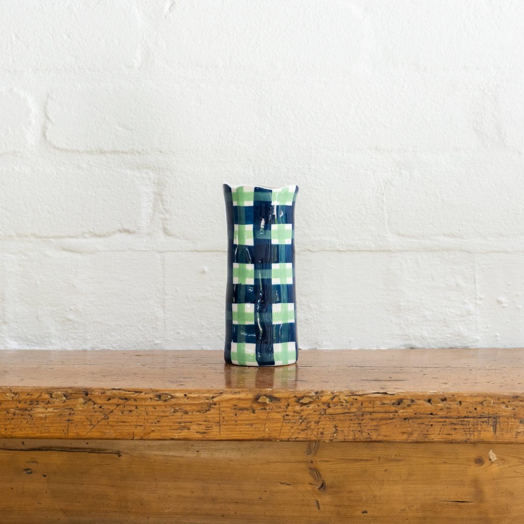 SMALL GREEN AND NAVY GINGHAM VASE - Noss & Co
