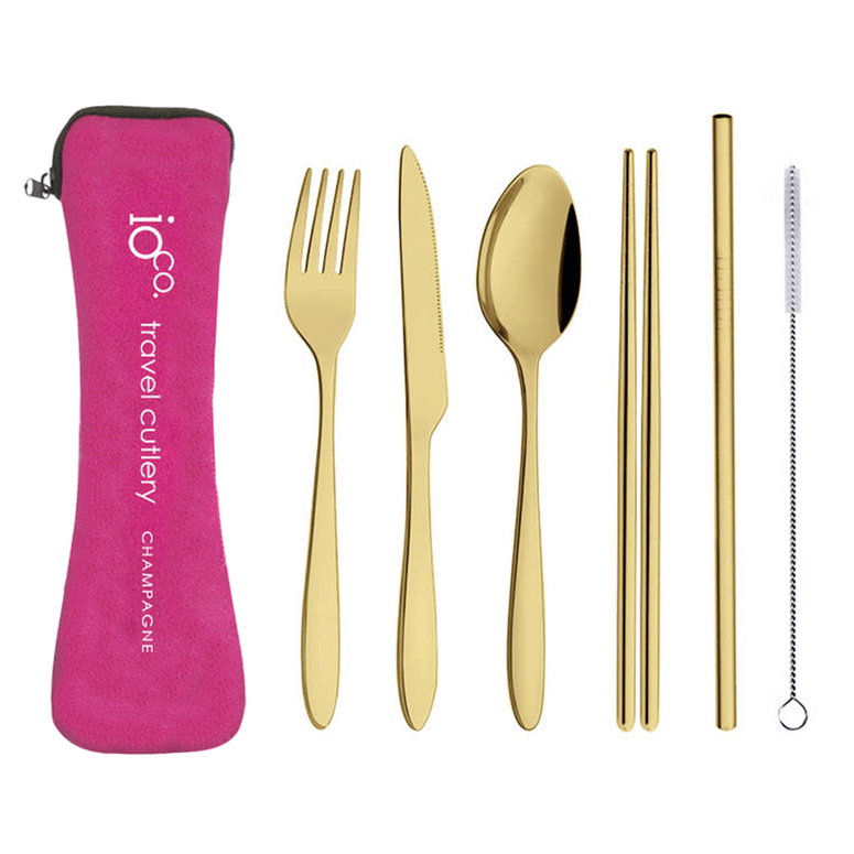 IOco re-use Stainless Steel Travel Cutlery Set of 6 Champagne Gold Cutlery | Hot Pink Case