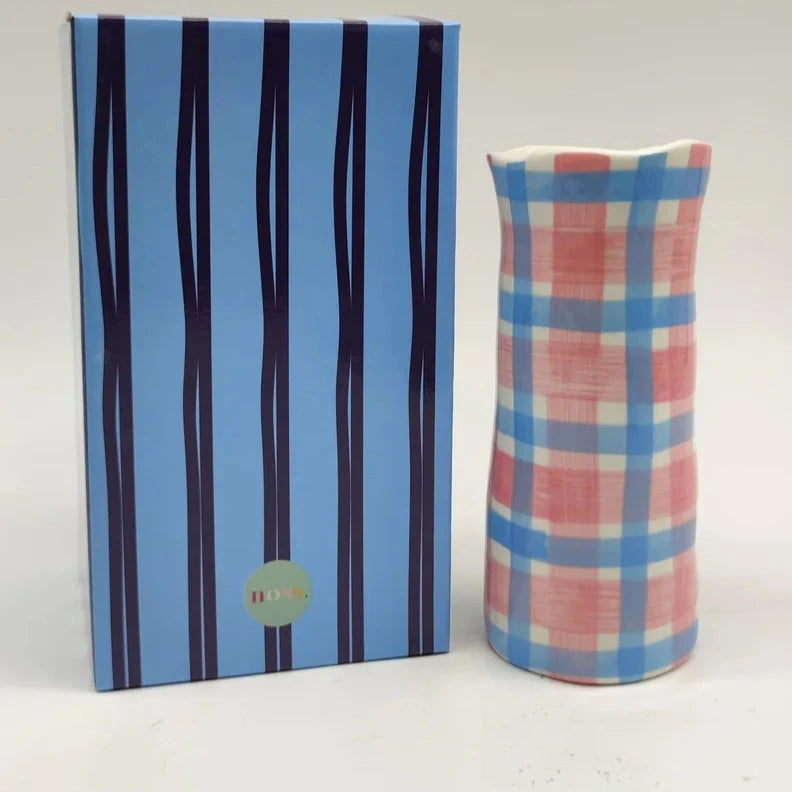 Small Pink & Cornflower Blue Gingham Vase - Noss & Co