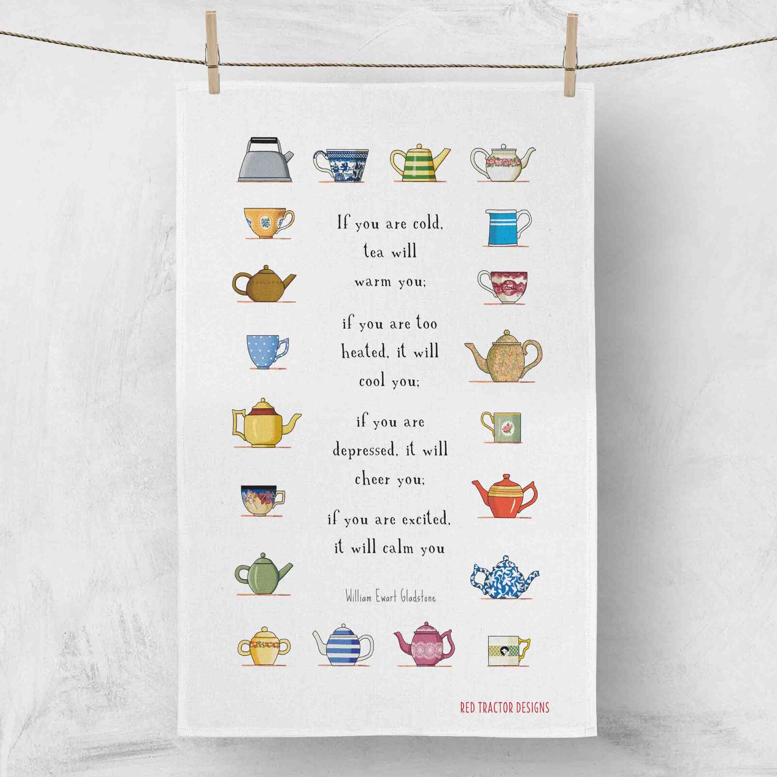 Red Tractor Tea Towel- Tea will warm You