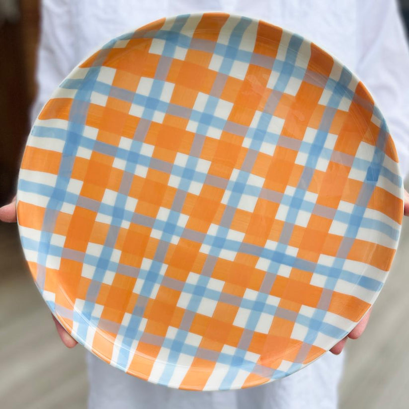Orange & Cornflower Blue Gingham Platter / Noss & Co