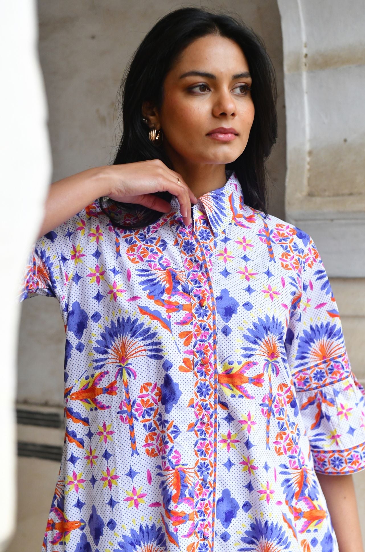 Bird of Paradise Shirt Dress - Azure and Indigo