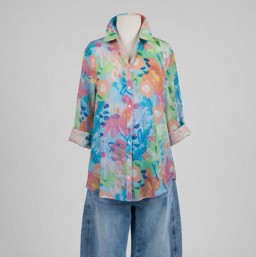 Asta Linen Print Top - Rainbow