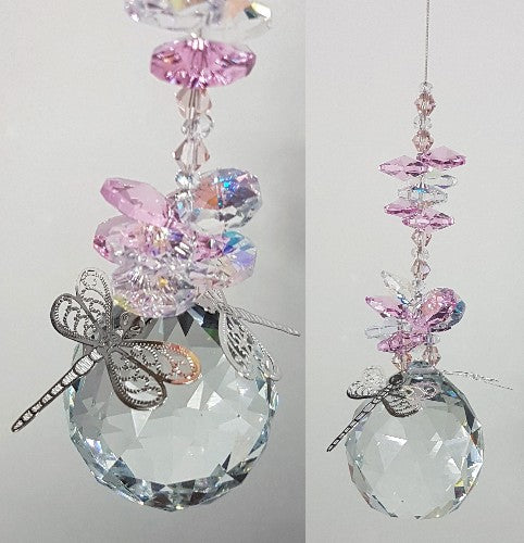 Pink Suncatcher, large size with silver filigree dragonflies