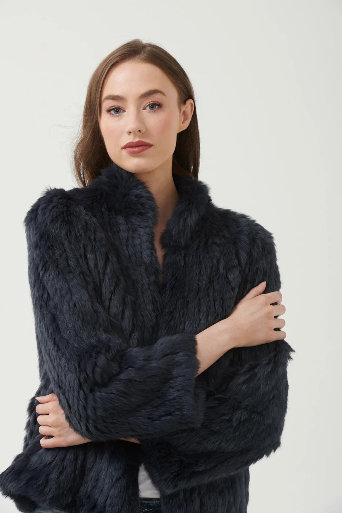 HIGH NECK RABBIT FUR JACKET - Black