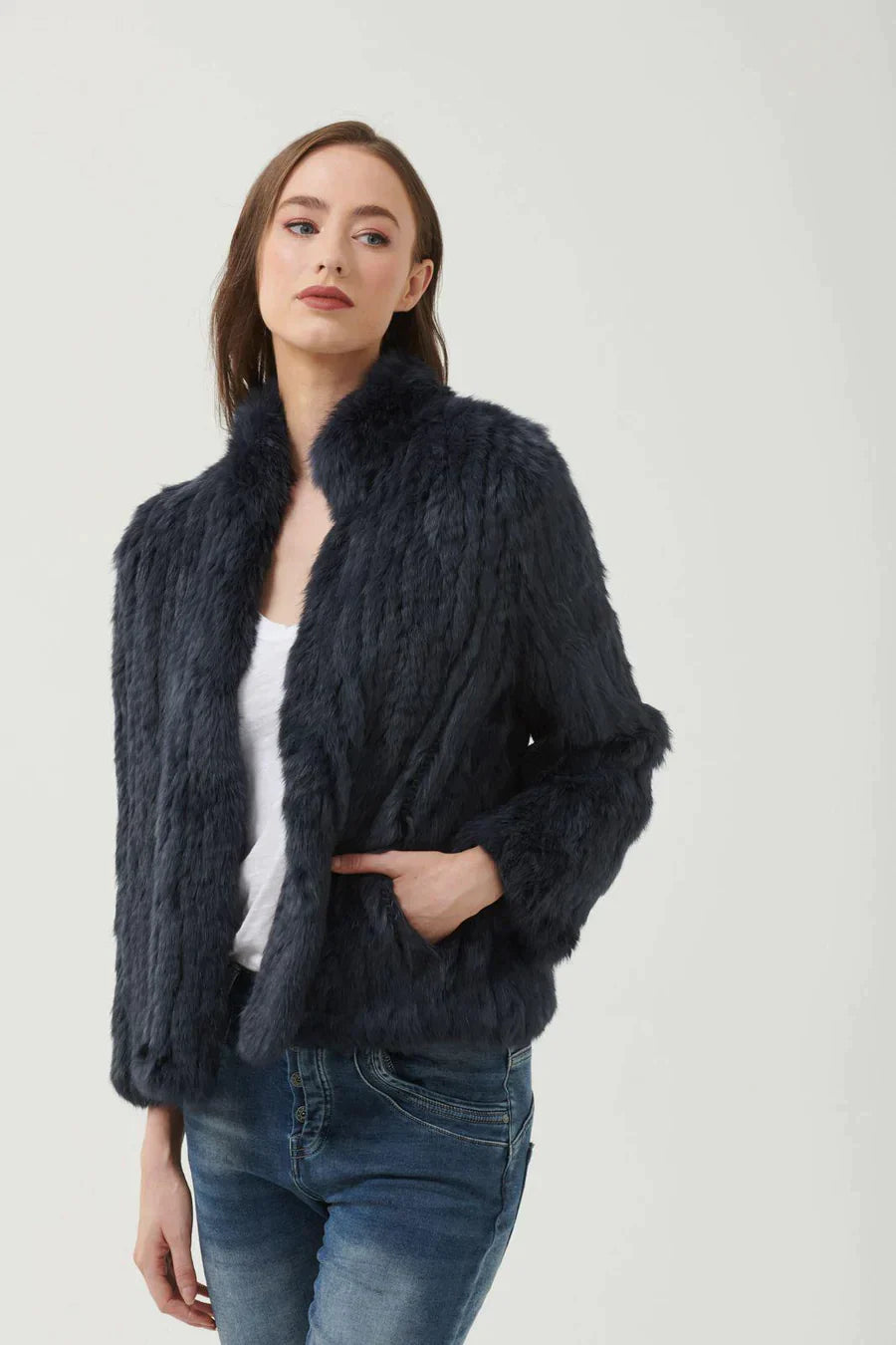 High Neck Fur Jacket - Navy Size SMALL