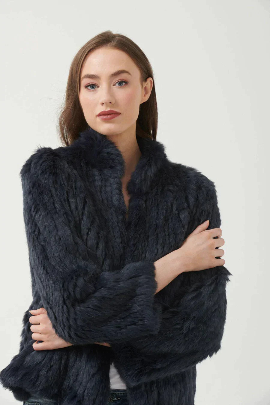 High Neck Fur Jacket - Navy Size SMALL