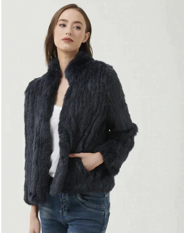 HIGH NECK RABBIT FUR JACKET - Black