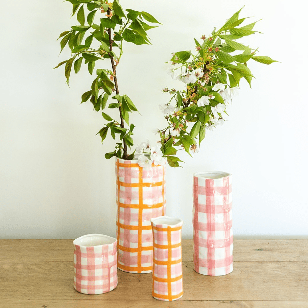 LARGE VASE - PINK & ORANGE GINGHAM