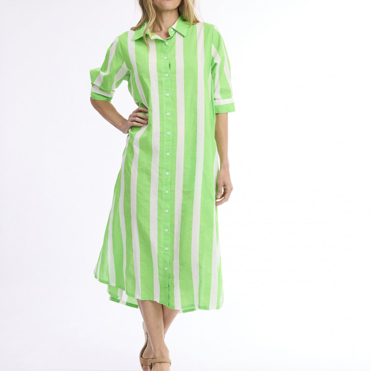 Stripe Dress Long Buttonthrough - Green