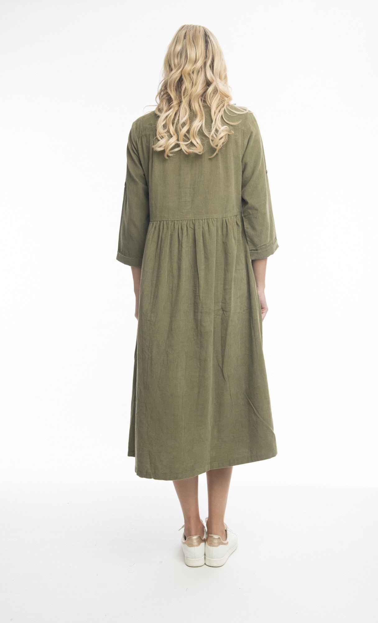 Orientique Solid Cord collar Dress- Olive