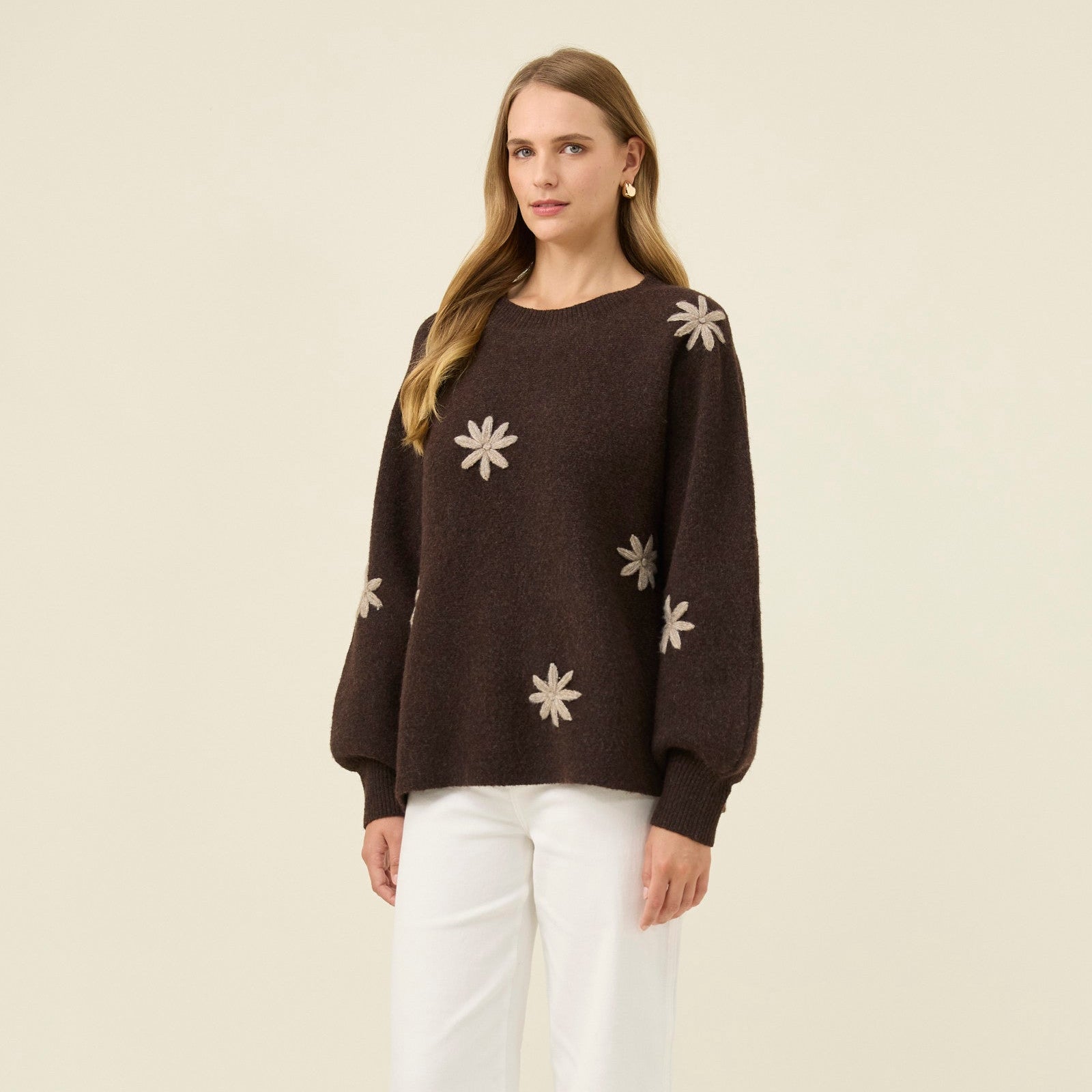 Miru Stitch Flower Jumper - Chocolate