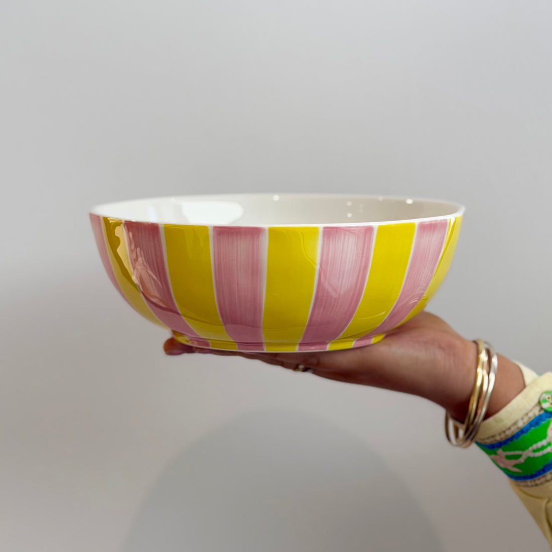 Ceramic Salad Bowl - Pink & Yellow Stripe