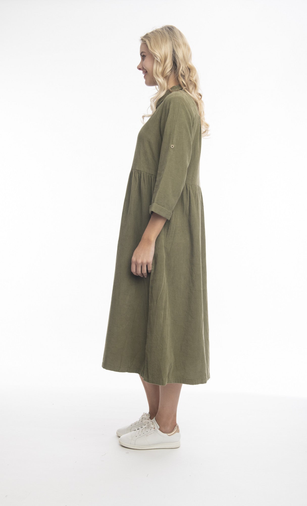 Orientique Solid Cord collar Dress- Olive