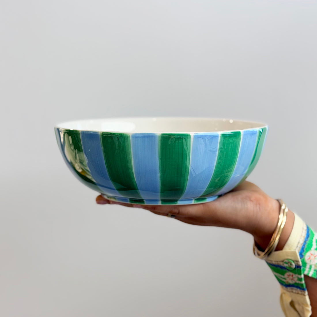 Ceramic Salad Bowl - Green & Cornflower Blue Stripe
