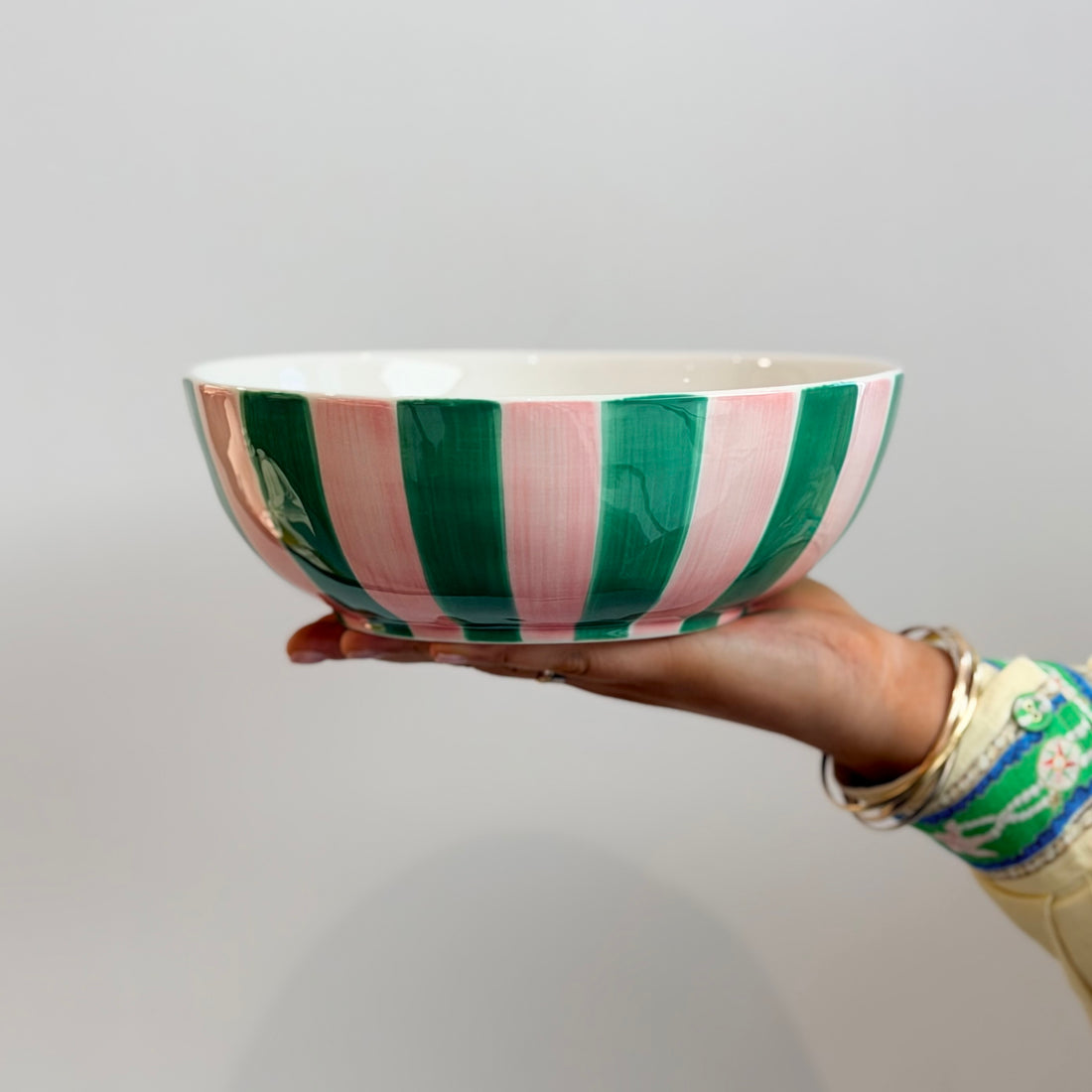 Ceramic Salad Bowl - Pink & Green Stripe
