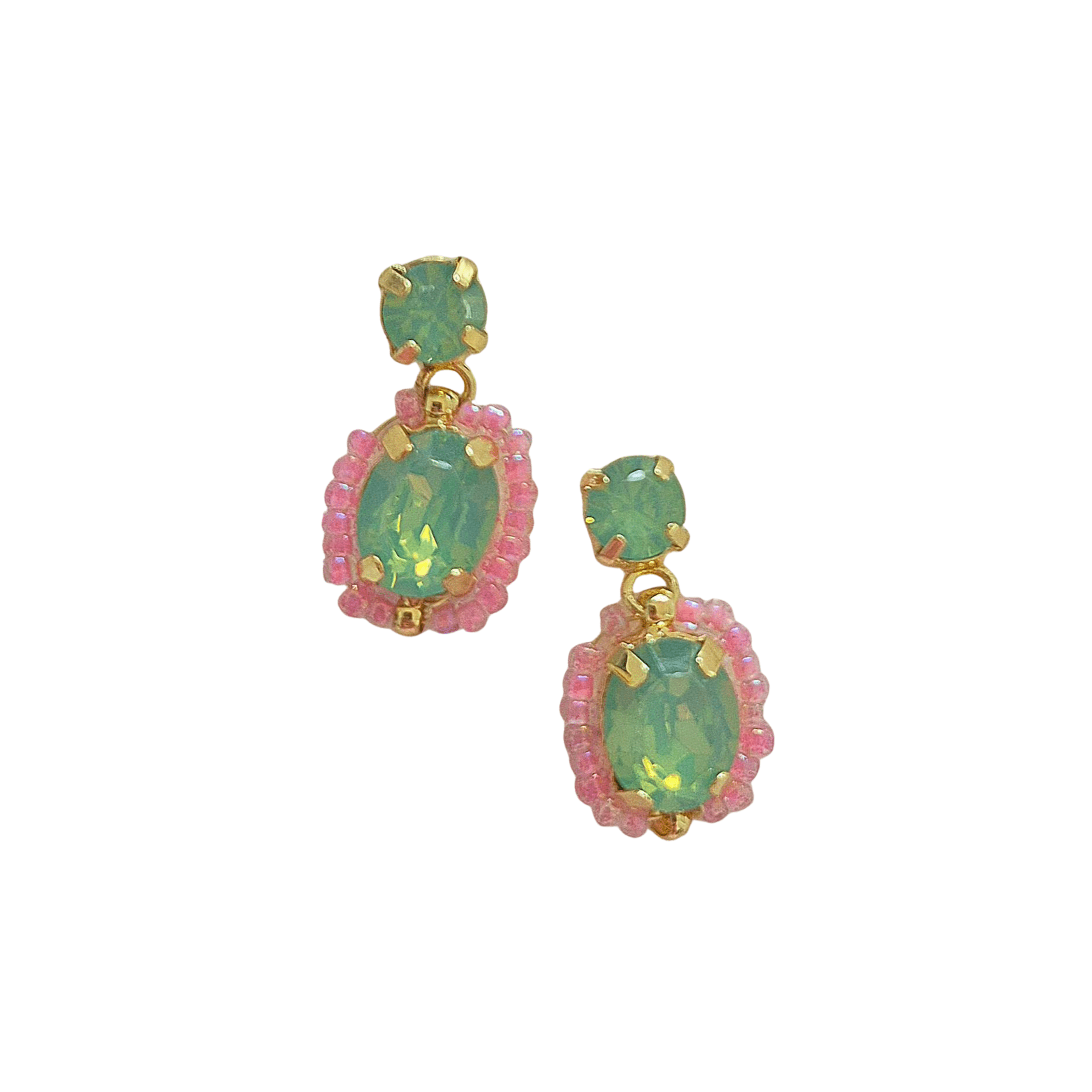 Beaded Crystal Gem Earrings - Pink/Green