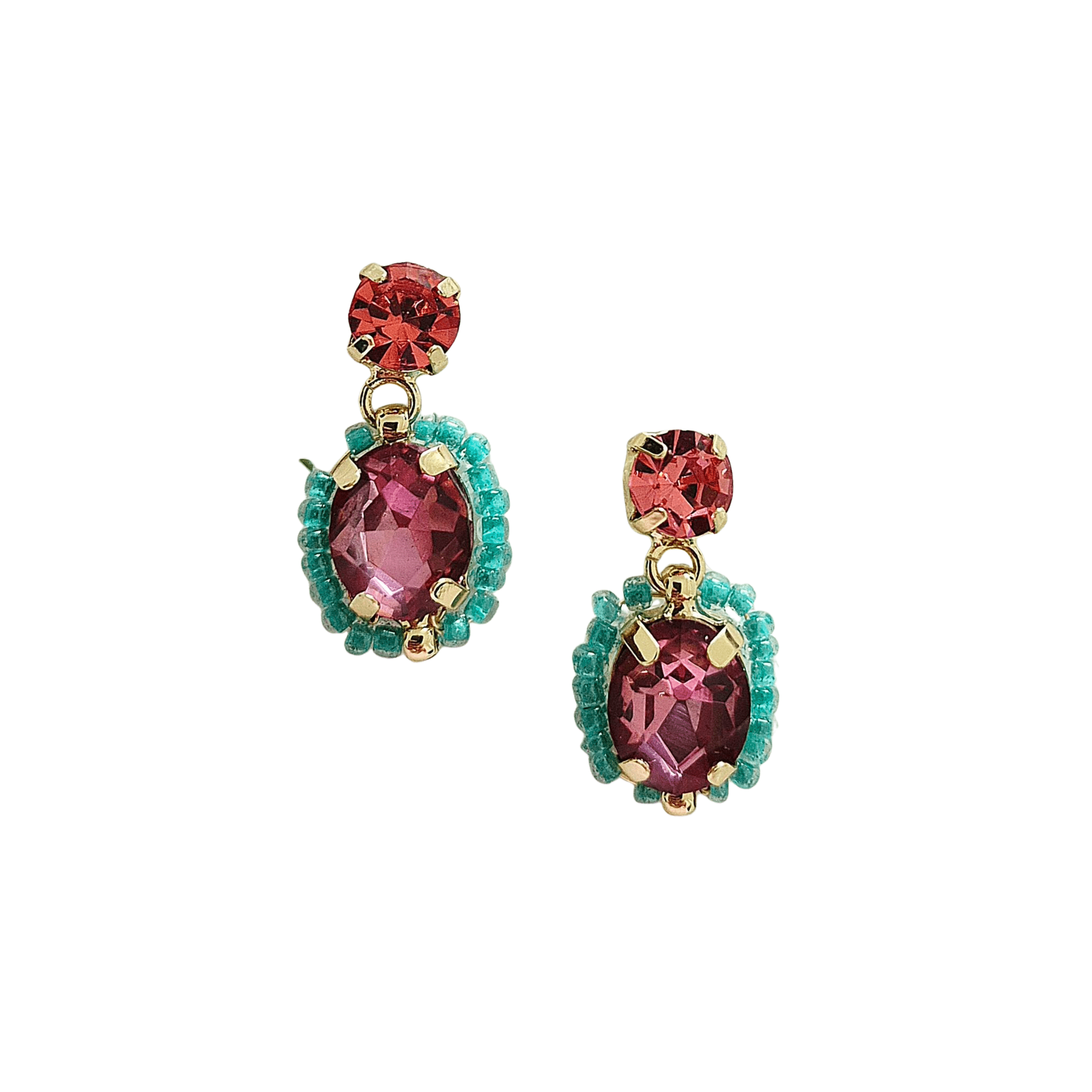 Beaded Crystal Gem Earrings - Turquoise/Hot Pink