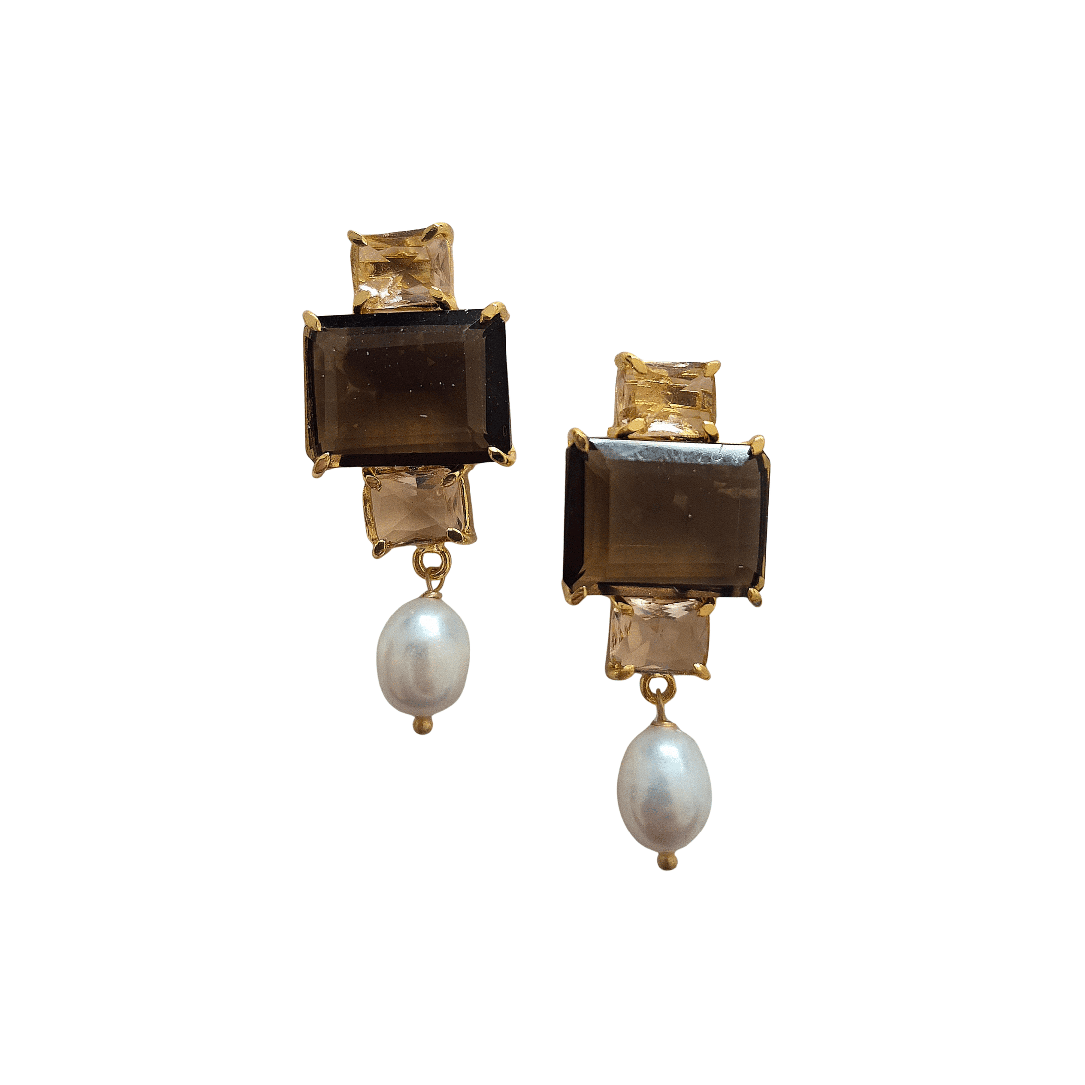 Statement Gem & Pearl Drop Earrings - Champagne