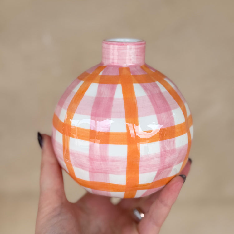 Noss & Co  Round Bud Vase - Pink & Orange Gingham
