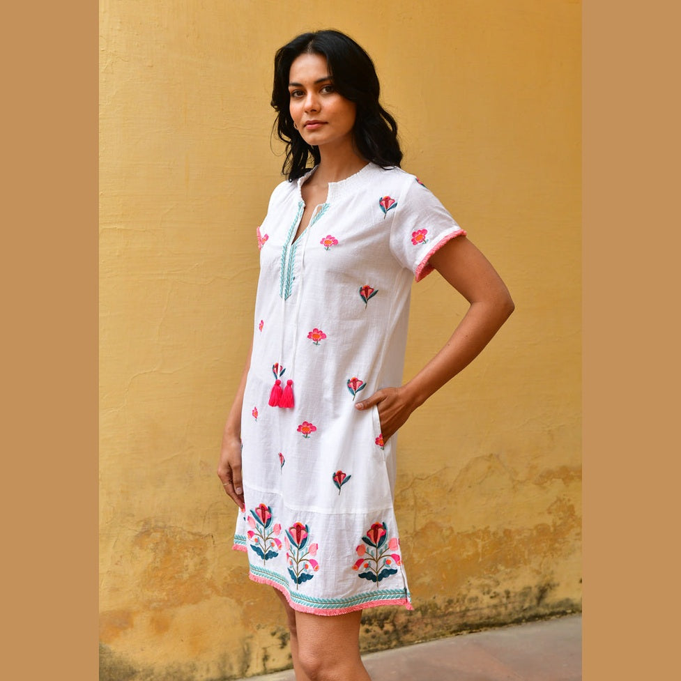 Hummingbird Embroidered Day Dress - Azure and Indigo