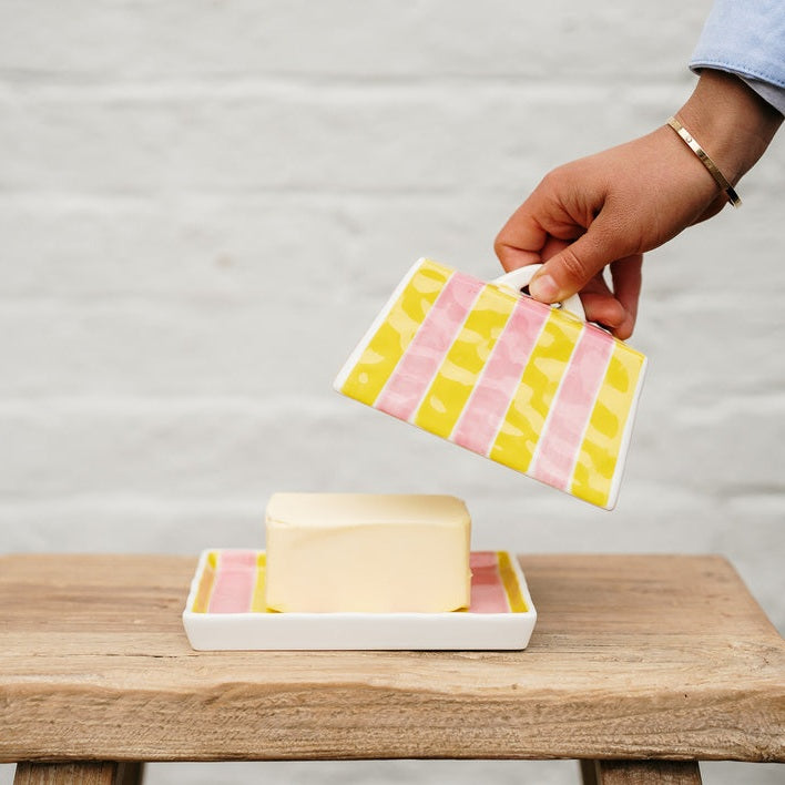 Large Butter Dish - Pink & Yellow Stripe