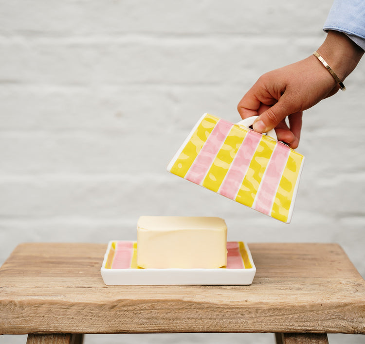 Large Butter Dish Pink & Yellow Stripe