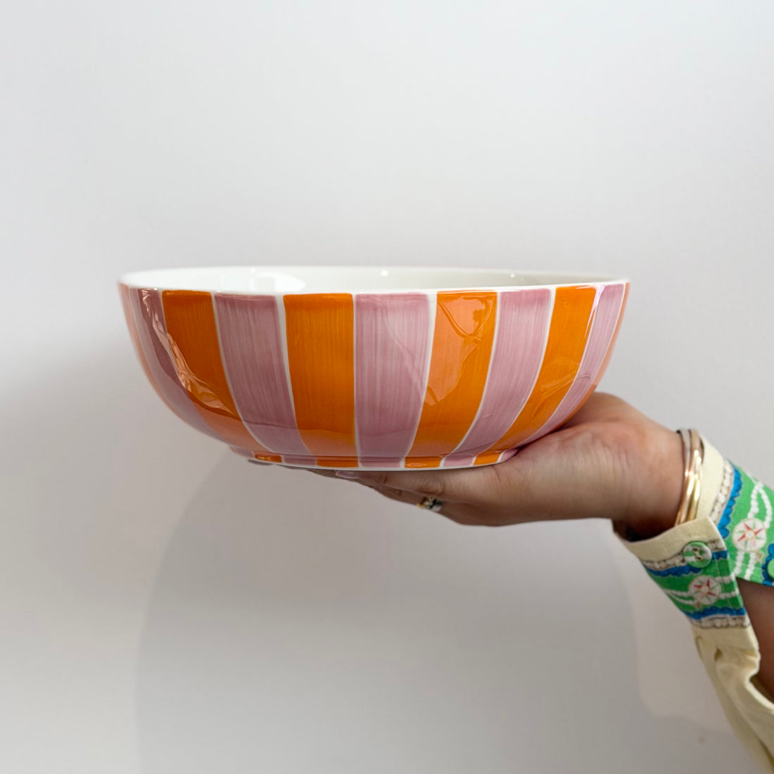 Ceramic Salad Bowl - Pink & Orange Stripe