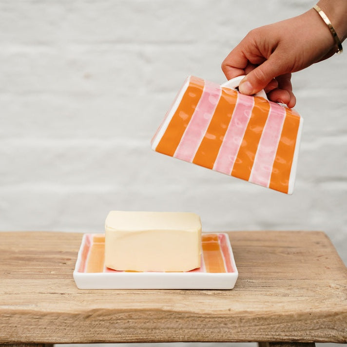Large Butter Dish - Pink & Orange Stripe