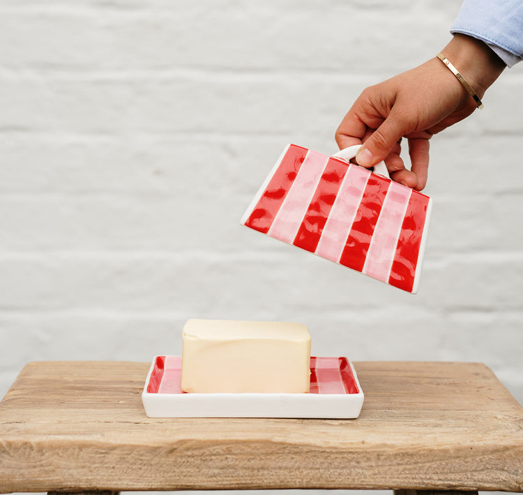 Large Butter Dish Pink & Red Stripe