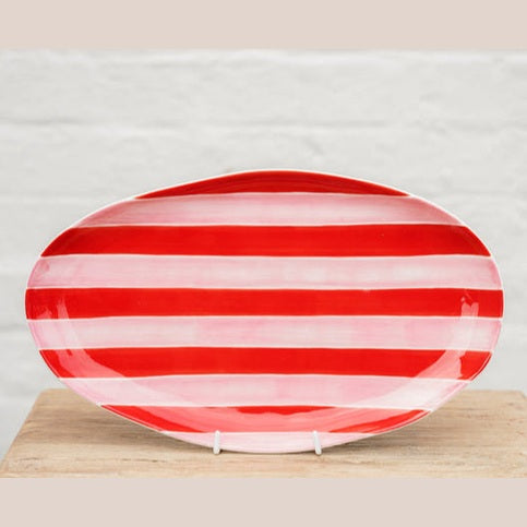 Small Oval Platter - Pink & Red Stripe