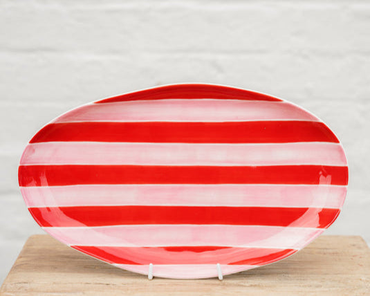 Small Oval Platter - Pink & Red Stripe