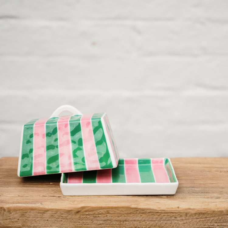 Large Butter Dish Pink & Green Stripe